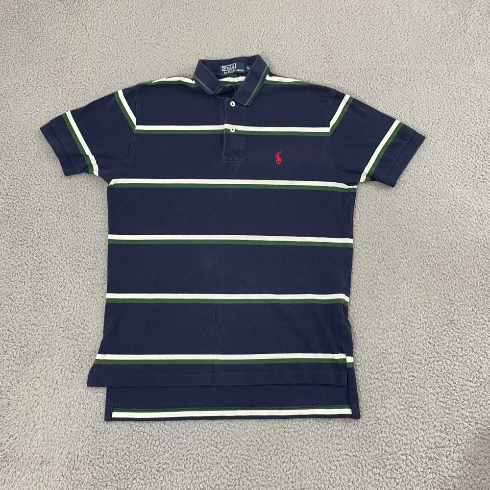 VTG Polo Ralph Lauren Shirt Men M Navy Striped Cotton Short Sleeve Polo